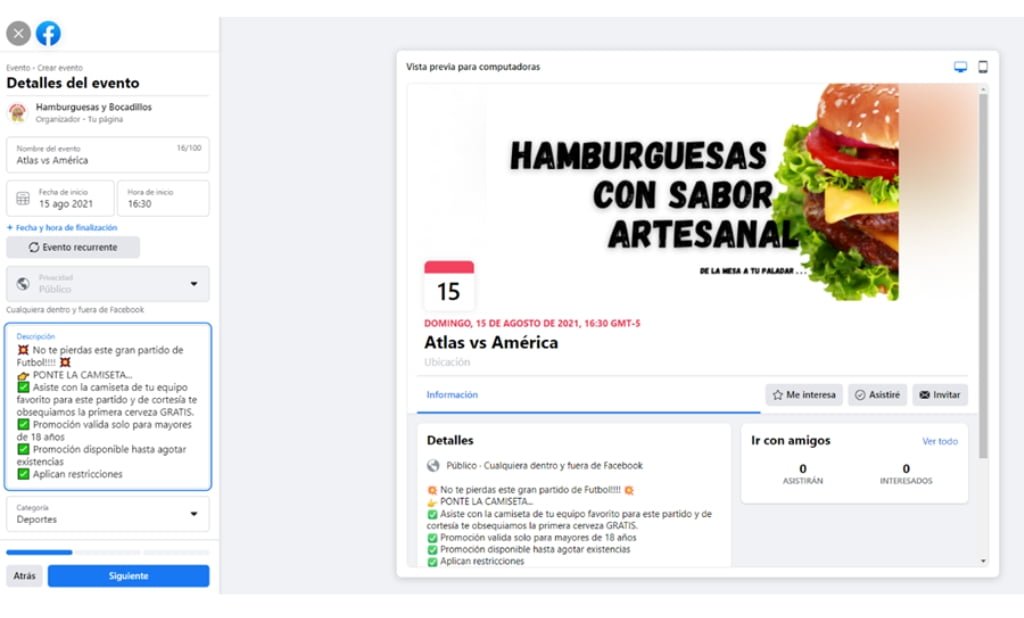 Crea tu primer evento detalles del evento