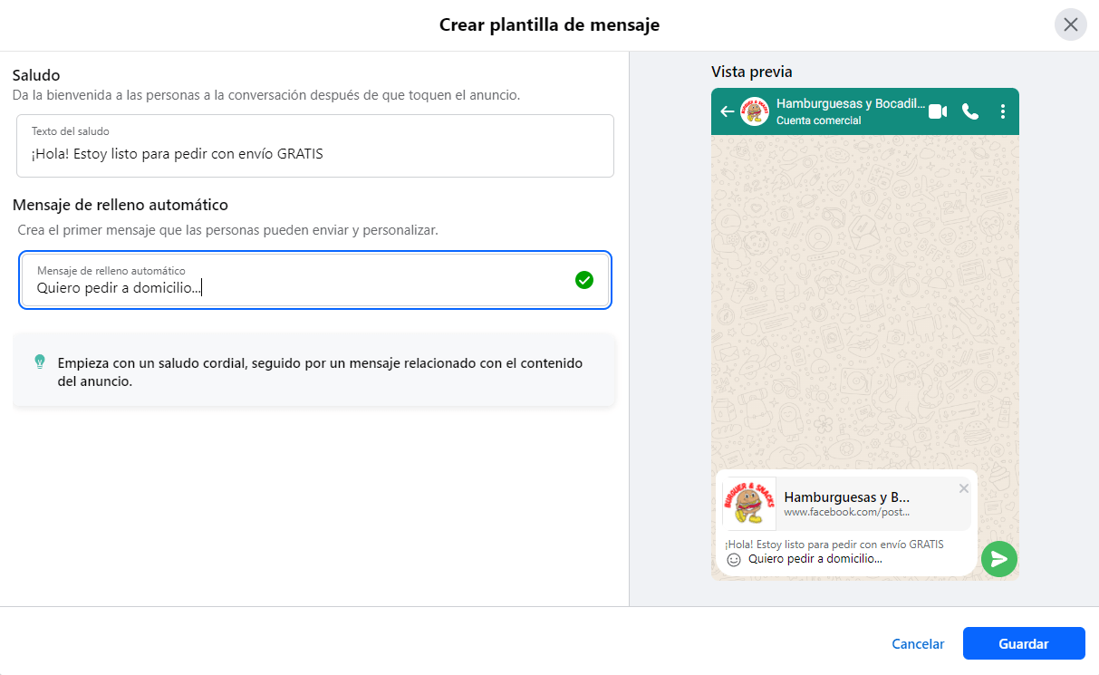 Crear plantilla del mensaje