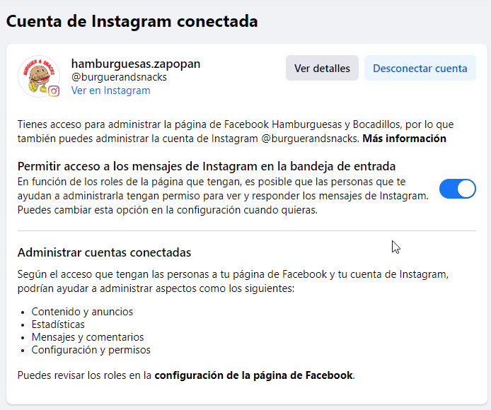 Cuenta de Instagram conectada