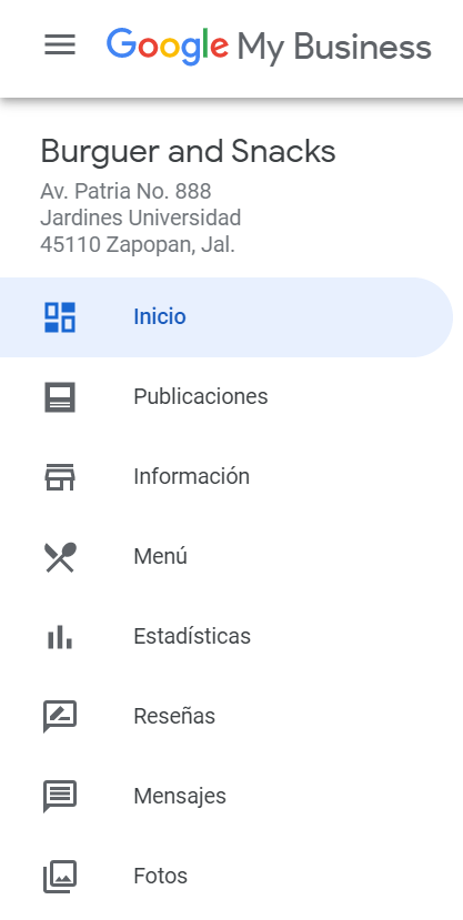 Menú de configuración Perfil de Negocio de Google